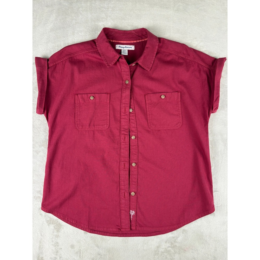 Tommy Bahama Womens Small Red Short Sleeve‎ Button Down Shirt Palm Tree Logo